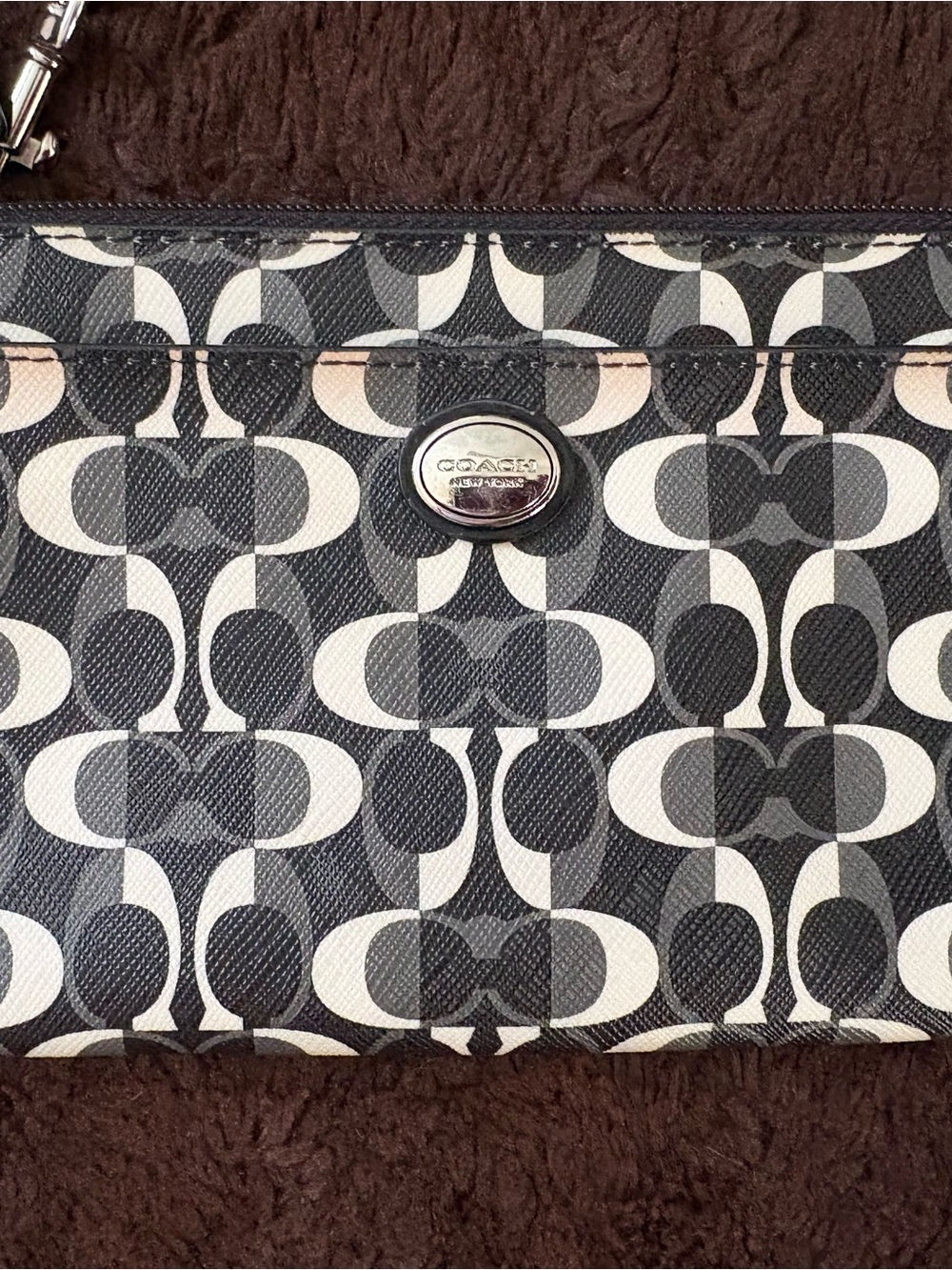 Coach Black and White Signature Leather Logo Wristlet